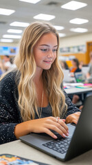 Young caucasian female teen focused on laptop in classroom setting