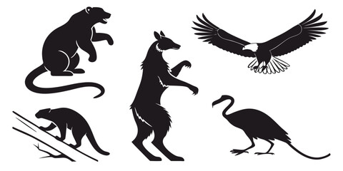 Wildlife Animal Silhouettes Vector - Bear, Eagle, Panther, Heron, and Otter Vector Illustration