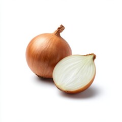 Whole and half onion still life image on white background
