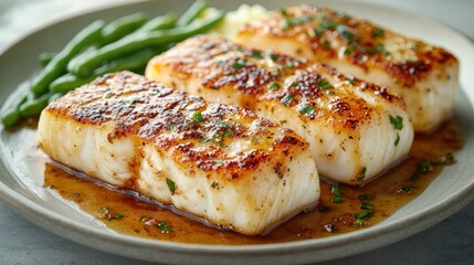 Pan-seared white fish fillets with brown crust, served with green beans and mashed potatoes