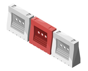 Obraz premium Isometric illustration of three plastic road barriers in red and gray colors with ventilation holes and textured surface isolated on white background