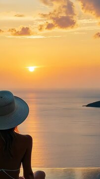 A serene woman stands by an infinity pool at sunset, deeply immersed in her thoughts while gazing at the gentle ocean waves, embodying a sense of bliss, joy, and tranquility that pervades the air
