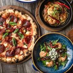 Delicious Italian Food Pizza Pasta Salad Spicy Shrimps Appealing Dinner