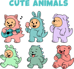 SET CUTE ANIMALS DESIGNS USING HAND DRAWINGS
