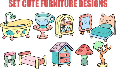 SET CUTE FURNITURE DESIGNS USING HAND DRAWINGS