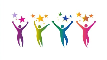 Colorful figures celebrate success; stars, white background; motivational poster