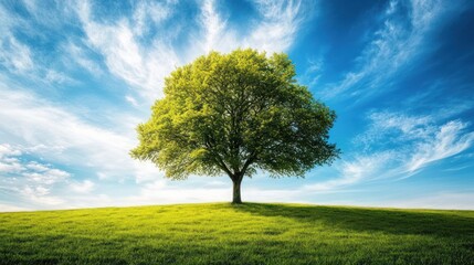 Obraz premium Solitary tree on grassy hill under a vibrant sky. Ideal for nature or environmental themes