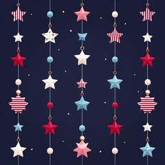 Pixel Art Festive Garland with Red White Blue Pink Stars on Dark Blue Background