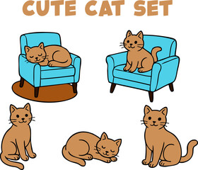 SET CUTE CAT DESIGNS USING HAND DRAWINGS