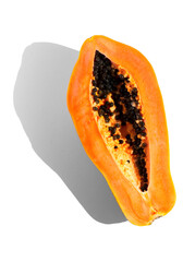 Papaya fruit isolated on white background, half of fresh exotic fruits with seeds. Halved fresh organic Papaya exotic fruit art design, close up. Top view, flat lay, vertical image. 