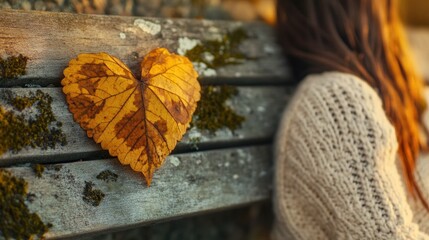 A heart-shaped autumn leaf rests on a mossy wooden bench, beside a woman in a warm sweater.