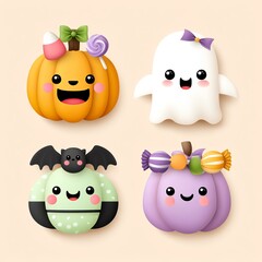 Fototapeta premium Cute Halloween Pumpkins and Ghost Illustration with Candy and Bats