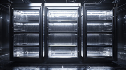 Three modern glass-door refrigerators empty and illuminated in a futuristic industrial interior with bright LED lights.