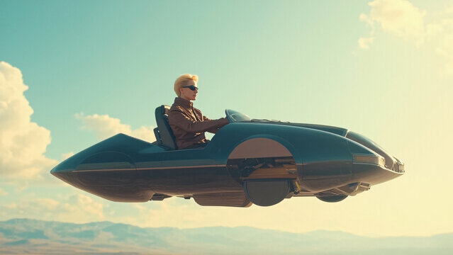A young man with short blonde hair was driving a wheelless car floating in the sky. Conceptual images of futuristic technology,