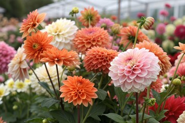 Vibrant display of assorted dahlias in full bloom with orange, pink, and white hues (Bouquet)