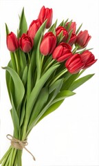Naklejka premium Red Tulip Bouquet with Green Leaves on White Background 