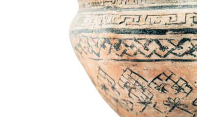 Detail of antique clay jar with black geometric motifs against black background