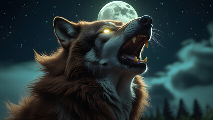 Fototapeta premium A dramatic, close-up portrait of a majestic brown zombie like wolf, its fur fluffed and rippling in the moonlit air, as it unleashes 