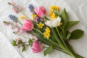 Obraz premium Beautiful spring flowers arranged on a paper background (Bouquet)