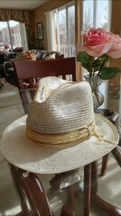 Straw Hat on Table, Sunny Interior