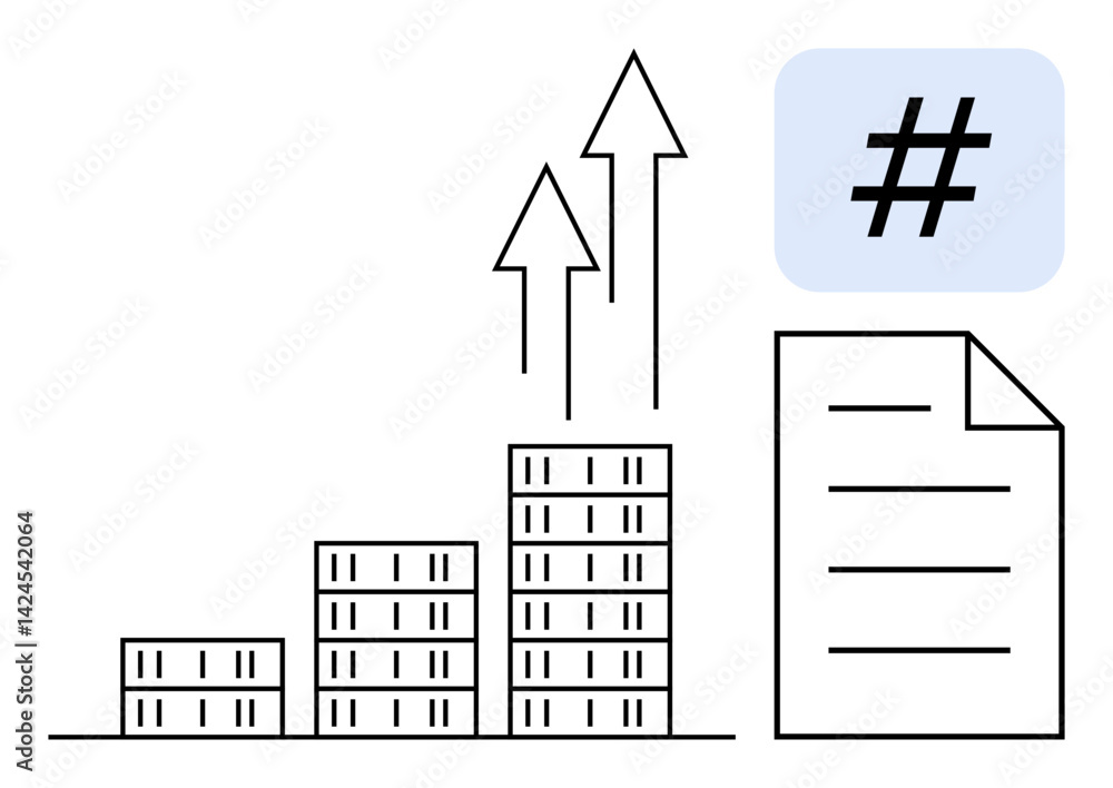 Poster bar graph with ascending levels, arrows pointing upward symbolizing growth, document icon, and metad