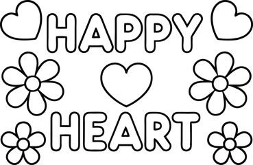 Happy Heart Text Outlines With Flowers and Hearts Isolated on White Background