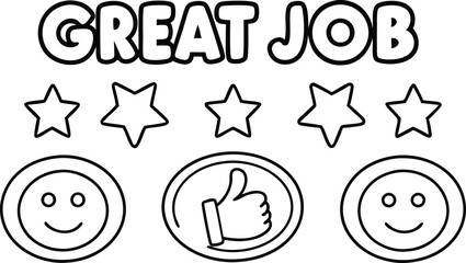Great Job Text with Stars and Thumbs Up Icons Outline on Transparent Background