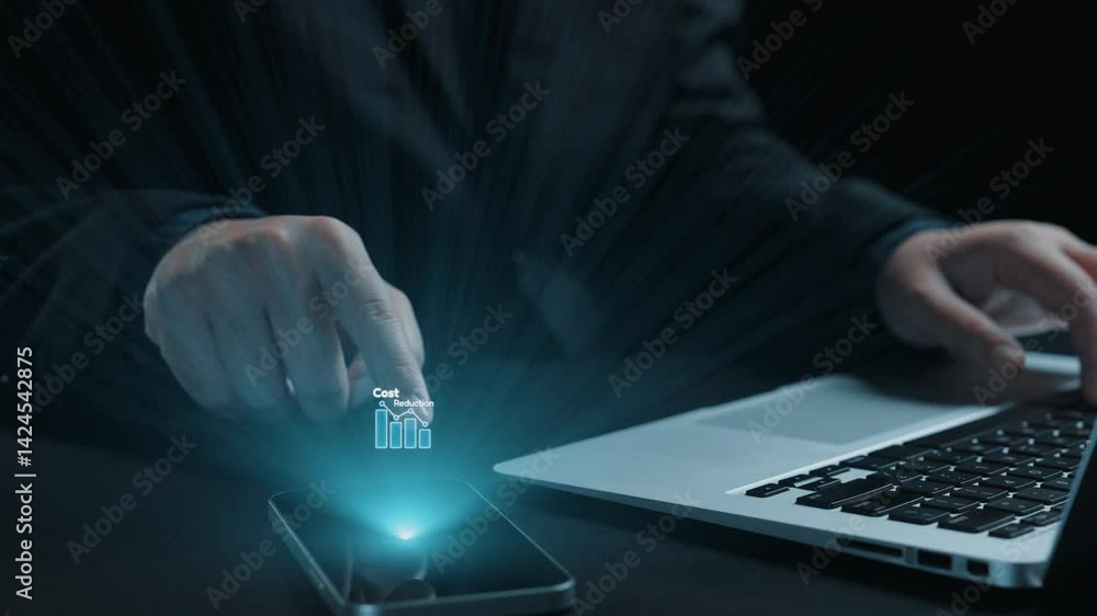 Poster a businessman types on a laptop with digital graphics showcasing cost reduction strategies. the mode