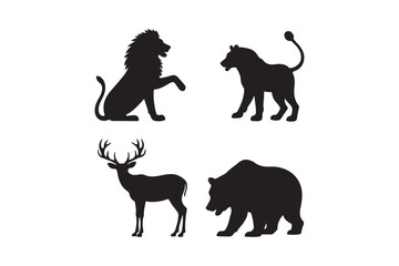 Wild Animal Silhouette Icons Lion, Bear, Deer, Panther Vector Set