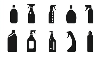 Cleaning product bottles, various shapes, white background, cleaning supplies, household use