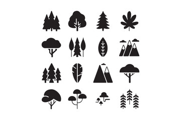 Tree and Nature Icon Set Forest, Mountain, Leaf Silhouettes Vector Collection