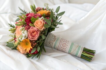 Wedding bouquet wrapped in decorative paper, isolated on white (Bouquet)