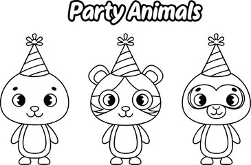 Cartoon Party Animals in Outline with Party Hats for Coloring Page Design