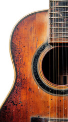 Obraz premium Close-up of weathered acoustic guitar body, soundhole, neck, and strings