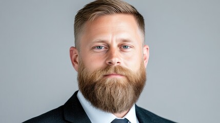 A professional businessman with a well-groomed beard in a formal suit, standing against a plain grey background, serious expression, and corporate portrait concept.
