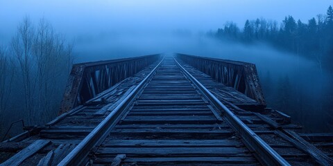 Naklejka premium Misty Railroad Bridge: A Journey into the Blue