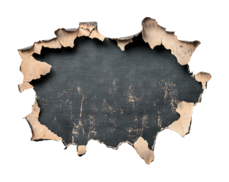 Torn burnt paper hole with ragged edges revealing texture, cut out - stock png.