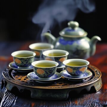 Traditional Chinese Tea Set with Steaming Cups on Decorative Tray