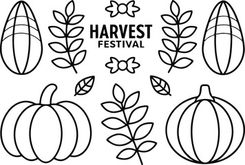 Harvest Festival Outlines with Pumpkins, Wheat, Leafs, Candies on Transparent Background