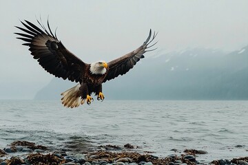 A bald eagle spreads its impressive wings while taking off from a rocky shoreline near the water. The misty backdrop captures the tranquil beauty of Alaska during the early evening
