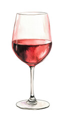 Elegant red wine glass rendered in watercolor art, cut out - stock png.