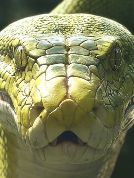 A close up shot of a green tree python showing its scales and eyes in natural light conditions