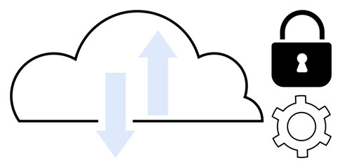 Cloud outline with upward and downward arrows, lock symbol for security, gear for configuration. Ideal for cloud computing, data storage, digital security, file sharing, IT solutions, network