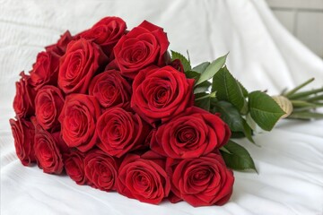 Lush red roses arranged closely together. A romantic bouquet on a white background. (Bouquet)