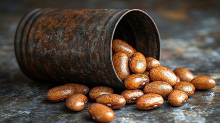 Rusty tin overflowing with brown speckled beans