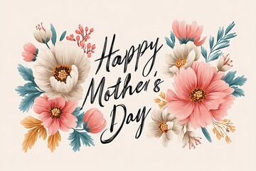 Warm and inviting Happy Mother's Day lettering surrounded by soft, pastel-colored blooms and gentle brushstrokes, captured in