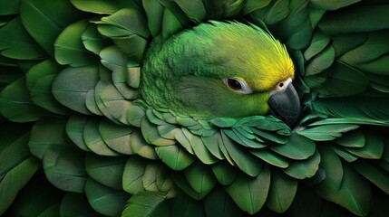 Fototapeta premium Parrot nestled in green feathers