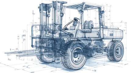 Technical blueprint of a heavy-duty forklift.