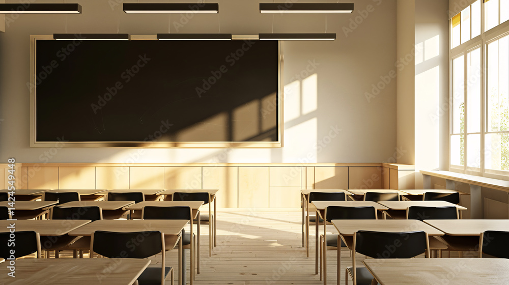 Poster Sunlight streaming through a window illuminating an empty classroom