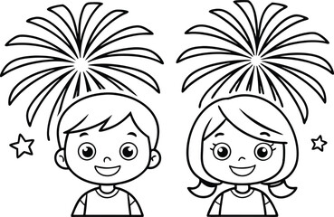 Line Art Children Smiling with Fireworks and Star Shapes on a Transparent Backdrop